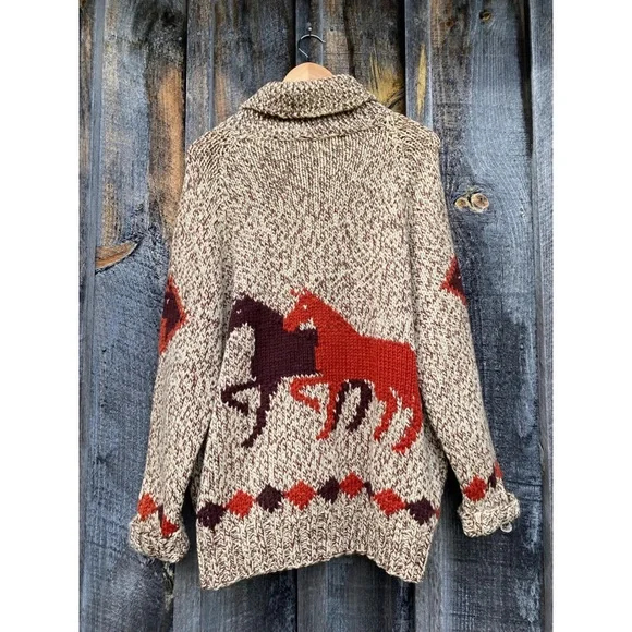 VINTAGE HAND KNIT cowichan horse hand knit wool zip up cardigan sweater large - Picture 3 of 9